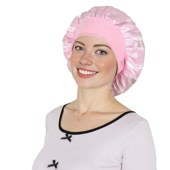 Satin Sleep Bonnet Elasticity Wide Band Silky Hair Protection for Curly and Natural Hair - Pink
