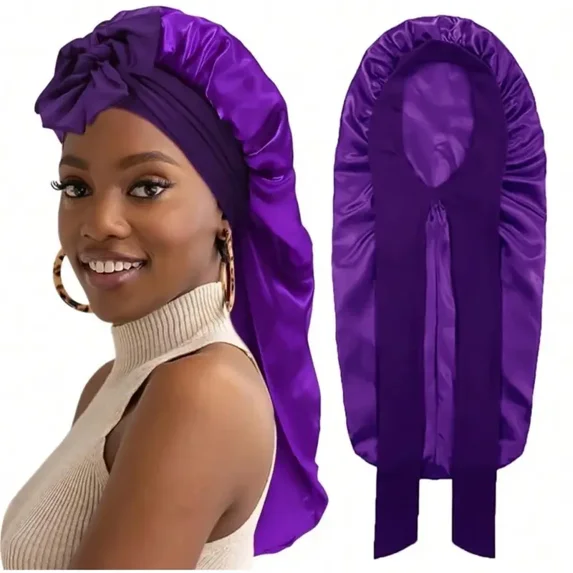 Satin Sleep Bonnet for Women – Long Silk Hair Bonnet with Tie Band for Curly Hair, Large Elastic Sleep Cap