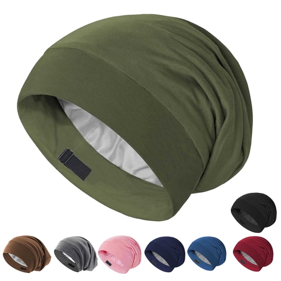 Satin Sleep Cap Bonnet Hair Cover for Sleeping, Beanie Hat for Natural Curly Hair Adjustable Night Cap,Army Green,One Size