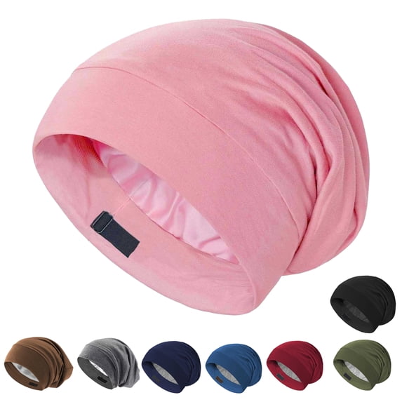 Satin Sleep Cap Bonnet Hair Cover for Sleeping, Beanie Hat for Natural Curly Hair Adjustable Night Cap,Pink,One Size