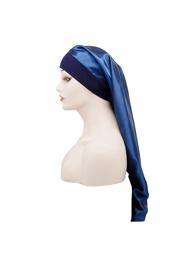 Satin Sleep Cap for Long Hair High Elasticity Wide Band Bonnet Hair Wrap for Braids and Curls Unisex Hair Care Night Hat Navy