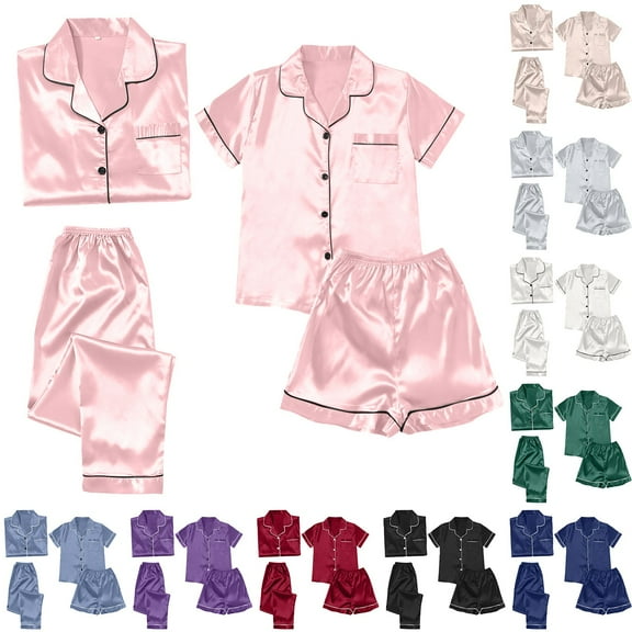 Satin Sleepwear Set Four Piece Loungewear Short Sleeve Top with Shorts Leisure Outfit
