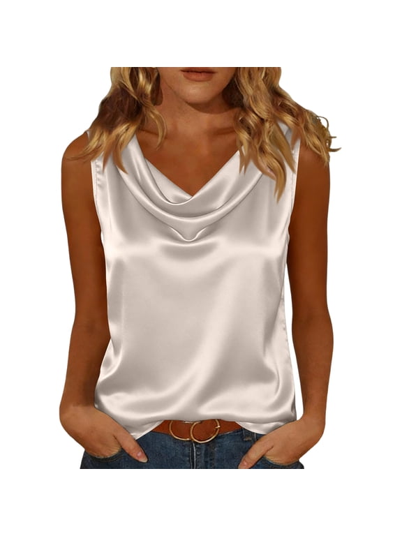 Satin Sleeveless Tank Tops for Women Cowl Neck Silk Tops Summer Dressy Business Casual Basic Workout Shirts Beige L