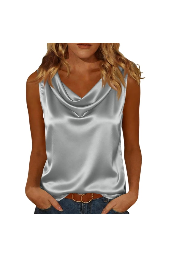 Satin Sleeveless Tank Tops for Women Cowl Neck Silk Tops Summer Dressy Business Casual Basic Workout Shirts Gray L