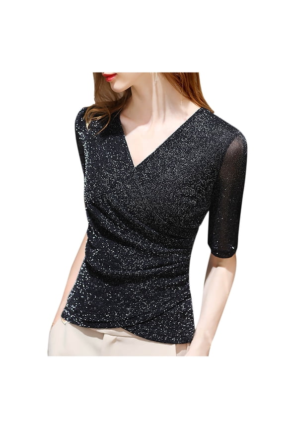 Satin Slik Long Sleeve Tops for Women Y2k Solid Color Tunic Tops V neck Blouse Casual T shirts Black L