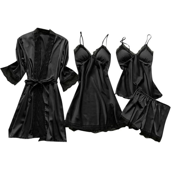 Satin Slumber Set, Women Satin Lace Suspenders Nightgown Robe Pajama Pants Home Clothes with Chest Pad Light Four Piece Set, Womens Pajamas Set, for Size 2XL