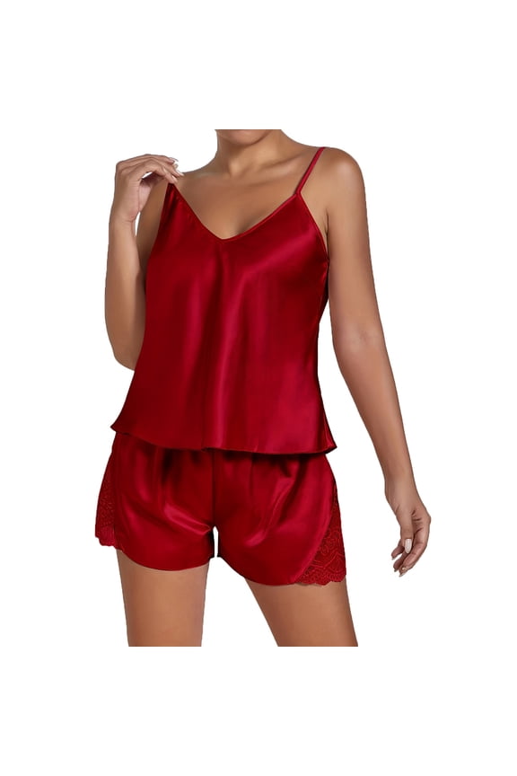 Satin Slumber Set, Women's V Neck Lace Hem Shorts Solid Color Pajama Pantsuit, Womens Pajamas Set, for Size S