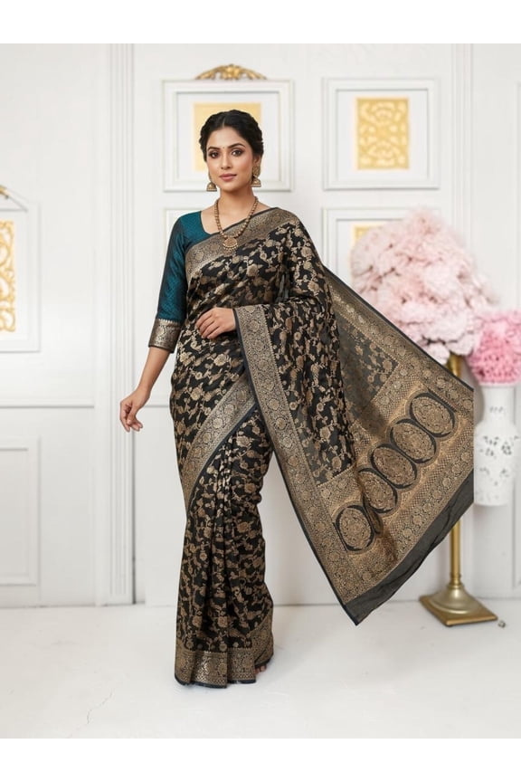 Satin Soft Banrasi Saree with Unstitched Blouse, Cultural Wear for Women