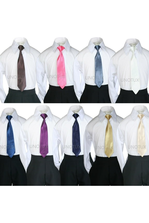 Satin Solid 9 COLORS Clip on Long Necktie Boy Formal Suit S-4T, 5-7, 8-14, 16-20