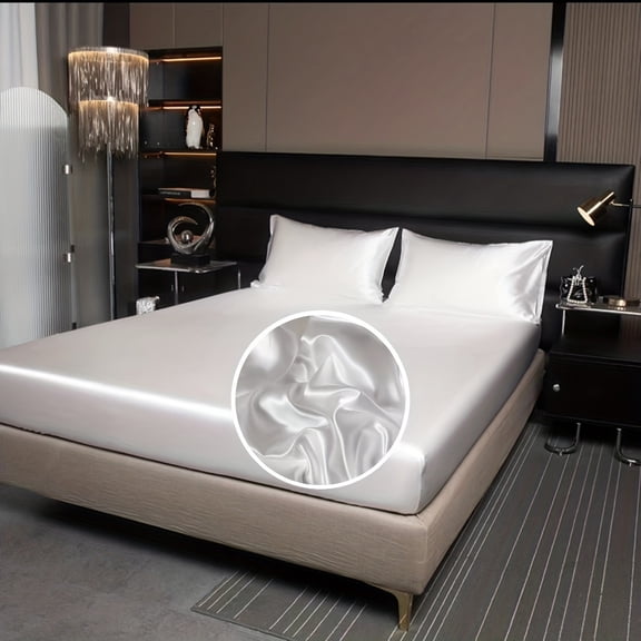 Satin Solid Bed Sheet with Silk - like Cool Feeling, Fitted Sheet with Mattress Protection, for Full Size Bed, White - 1PC Satin Bed Cover with Silky Cool Touch, Mattress Protector with Satin - like