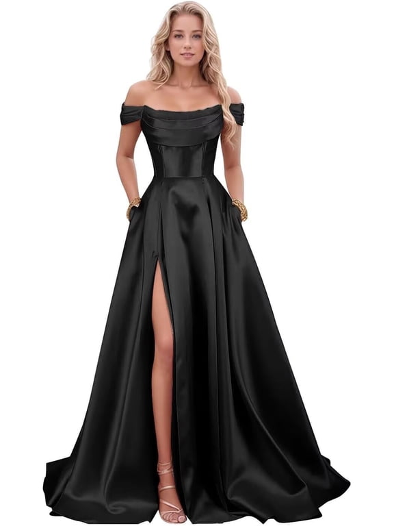 Satin Strapless Prom Dresses Long with Slit Off Shoulder Ball Gown Maxi A Line Cocktail Evening Dress ZU073