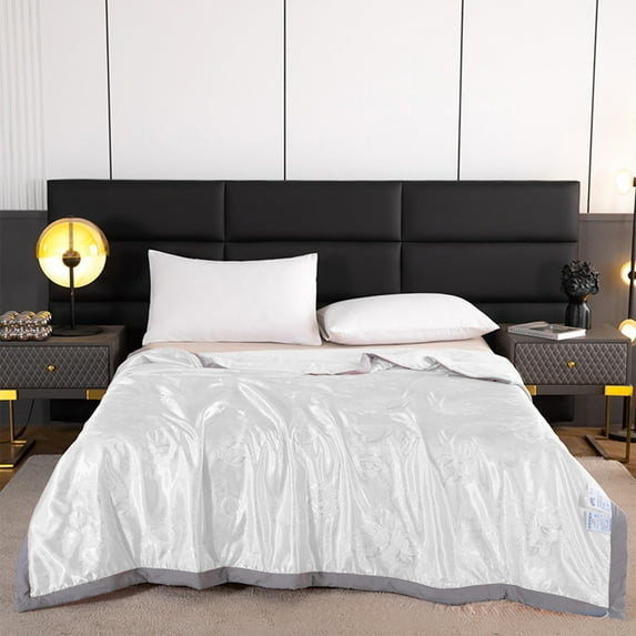 Satin Summer Quilt, Air Conditioning Comforter, Washable Thin Double Sided Quilt for Two Person, White Polyester Lightweight Bedding
