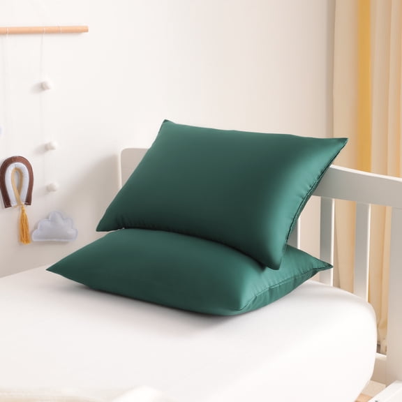 Satin Super Soft Toddler Pillowcases with Hidden Zipper Closure, Luxury and Silky Travel Pillow Covers, 13" x 18", Dark Green, 2 Pack