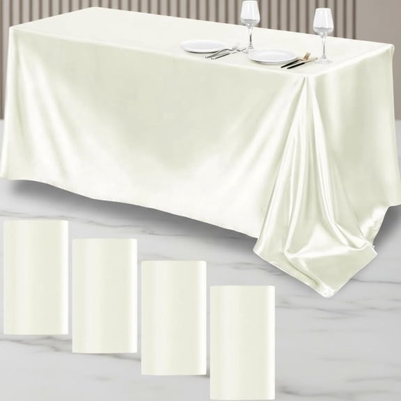 Satin Tablecloth Overlay Table Cover Rectangle Bright Silk Smooth Fabric Table Decoration for Wedding Banquet Party Events, Ivory