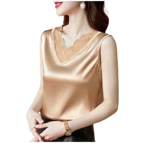 Satin Tank Tops for Women Silk Lace-Trim V Neck Camisole Wide Strap Tanks Lightweight Fitted Shirts Trendy Sleeveless Tees Fashion Basic Blouses Silky 2026 Summer Tops Pajamas Beige