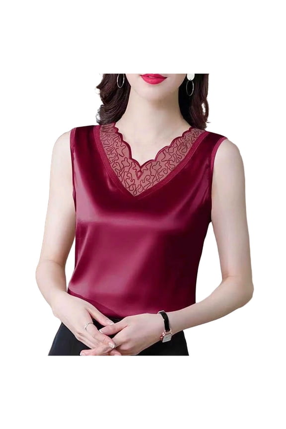 Satin Tank Tops for Women Silk Lace-Trim V Neck Camisole Wide Strap Tanks Lightweight Fitted Shirts Trendy Sleeveless Tees Fashion Basic Blouses Silky 2026 Summer Tops Pajamas Red