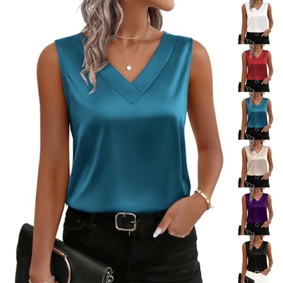 Satin Tank Tops for Women Dressy Casual V Neck Sleeveless Silk Blouse Loose Fit Camisole Tops Business Work Shirts Blue S