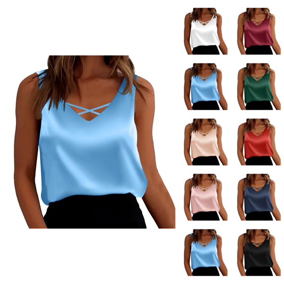 Satin Tank Tops for Women Dressy Casual V Neck Smooth Silk Sleeveless Work Shirt Going out Tops Summer Outfits