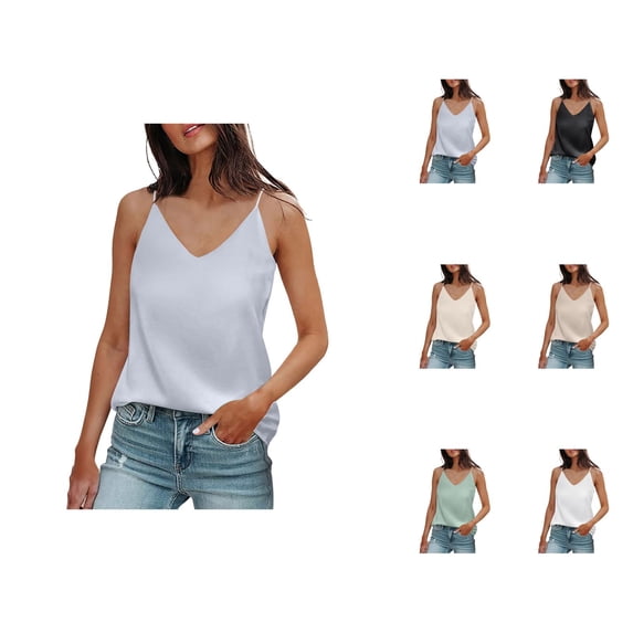 Satin Tank Tops for Women Dressy Casual V Neck Spaghetti Strap Silk Smooth Camisole Tops
