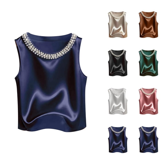 Satin Tank Tops for Women Elegant Dressy Casual Crewneck Beaded Sleeveless Shirt Going out Tops Summer Outfits
