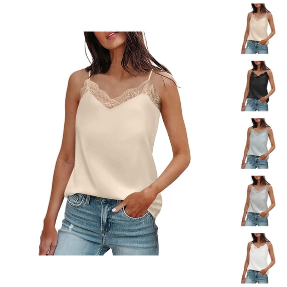Satin Tank Tops for Women Elegant V Neck Lace Neckline Spaghetti Strap Dressy Casual Camisole Tops