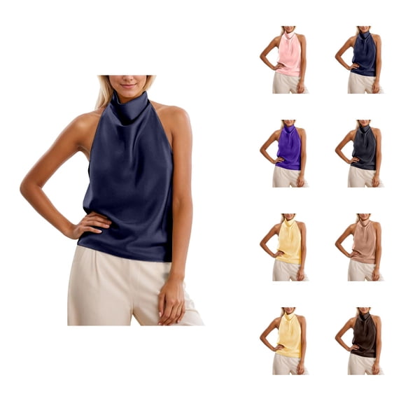 Satin Tank Tops for Women Halter Turtleneck Backless Loose Sleeveless Shirt Y2k Going out Tops Summer Outfits