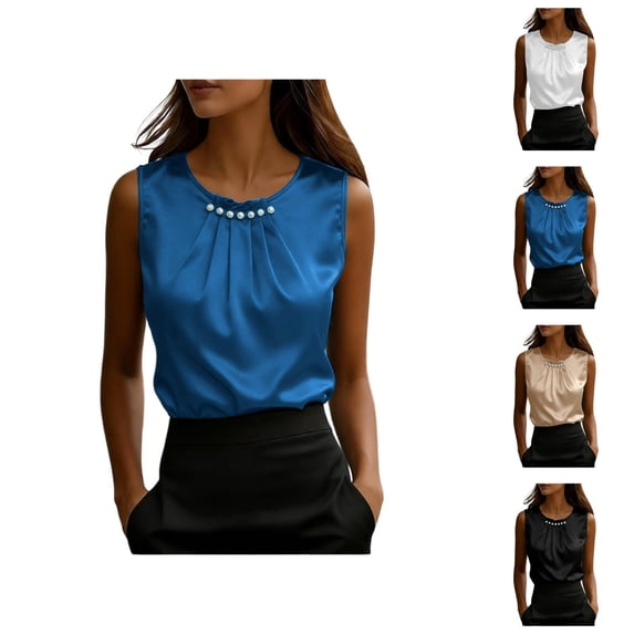 Satin Tank Tops for Women Lightweight Dressy Casual Crewneck Front Pleated Sleeveless Work Shirt Summer Outfits