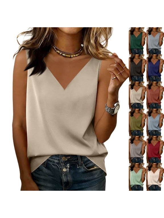 Satin Tank Tops for Women Loose Fit Sleeveless V Neck Cami Shirts Silk Camisole Blouses Satin Blouse for Under Blazer,Champagne L