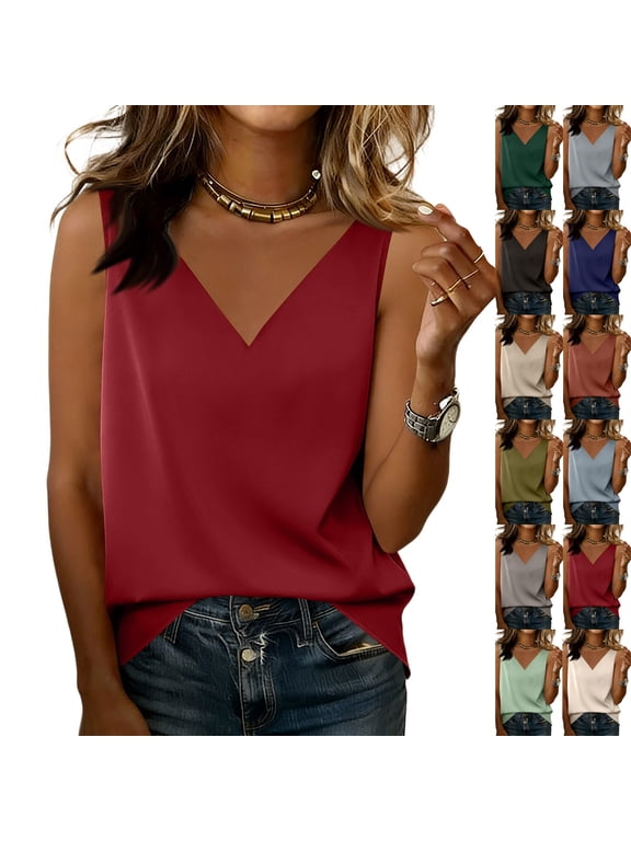 Satin Tank Tops for Women Loose Fit Sleeveless V Neck Cami Shirts Silk Camisole Blouses Satin Blouse for Under Blazer,Wine L