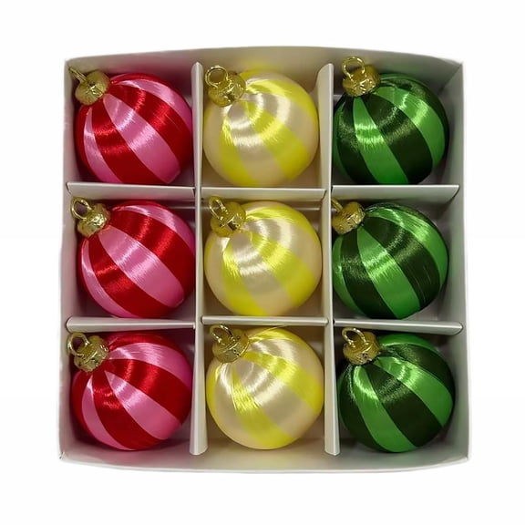 Satin Thread Wrapped Christmas Ornaments, 6 cm Shatterproof Striped Balls, 9 Piece Set, Style C