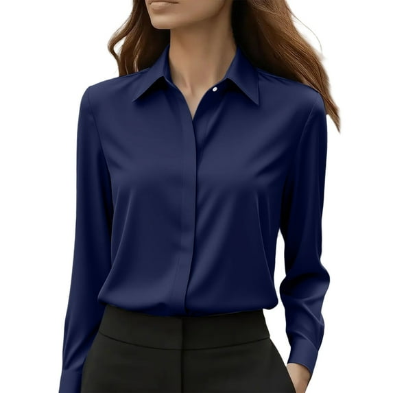 Satin Tops for Women, Yigetop Button Down Shirts for Women Wrinkle Resistance Dress Shirts for Women Long Sleeve Work formal Blouses Tops Satin Button Down Shirts for Women Navy M