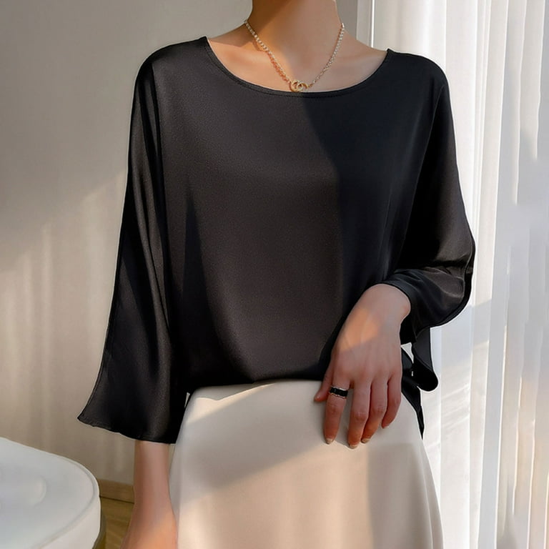 Satin Tops for Women Dressy Casual, Ladies 3/4 Length Sleeve Round