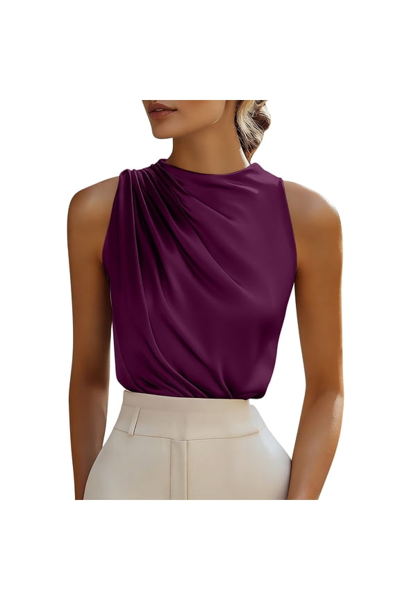 Satin Tunic Tops for Women Sleeveless Crewneck Ruched Shirts Trendy Slim-Fit T-Shirt Comfy Silk Top Dressy Fashion Tees for Evening,Dating,Cocktail