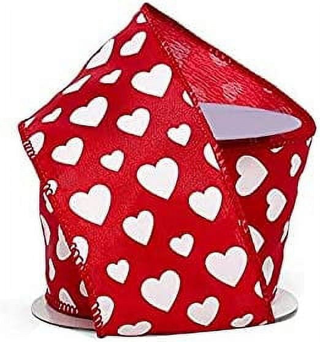 GIFTWRAP ETC. Satin Valentine Hearts Wired Ribbon - 2 1/2" x 10 Yards, White Hearts, Red Wired Edges, Christmas, Valentines Day Dcor, Gift Wrap, IGift Bow, Bouquet, Gift Basket