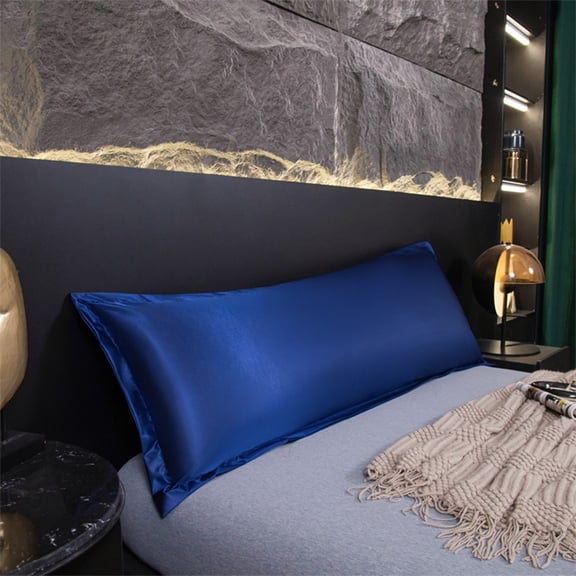 Satin Waterproof Long Body Pillowcase 48x18 Inch, Soft Ice Silk Pillow Cover with Protective Layer, Liquid-Proof Sleeping Pillowcase for Bedroom, Dark Blue