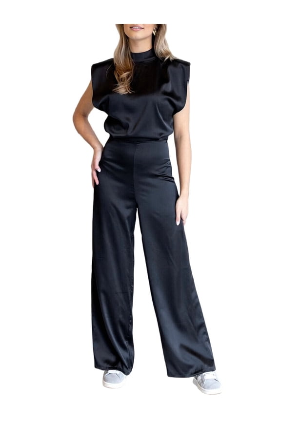 Satin Wide Leg Jumpsuits for Women - Elegant Mock Neck Sleeveless Cocktail Party Romper Black XS