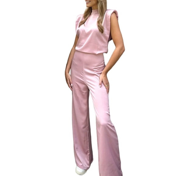 Satin Wide Leg Jumpsuits for Women - Elegant Mock Neck Sleeveless Cocktail Party Romper Pink S