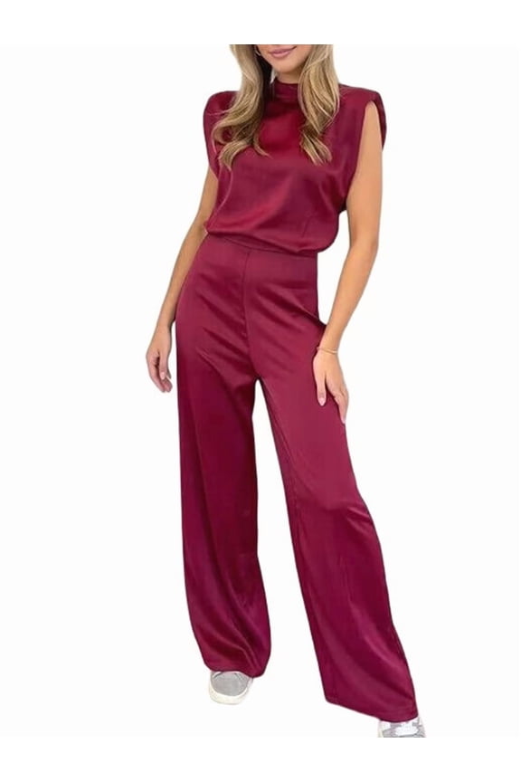Satin Wide Leg Jumpsuits for Women - Elegant Mock Neck Sleeveless Cocktail Party Romper Wine Red XS