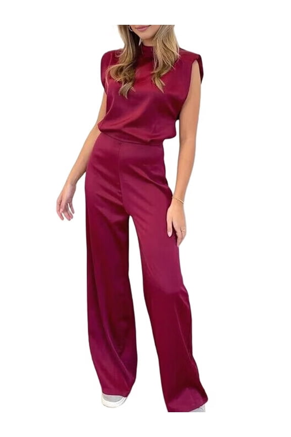 Satin Wide Leg Jumpsuits for Women - Elegant Mock Neck Sleeveless Cocktail Party Romper Wine Red XS