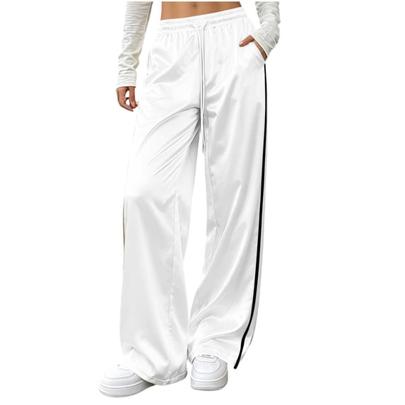 Satin Wide Leg Pants For Women Elastic Waist Drawstring Side Stripe Trousers Fall Casual Athletic Going Out Pants With Pockets