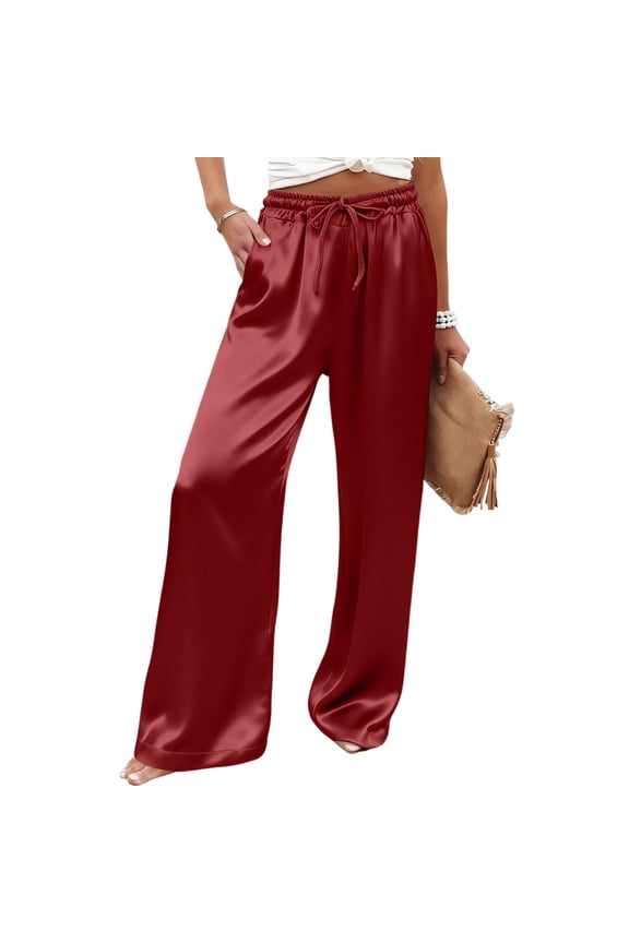 Satin Wide Leg Pants for Women Dressy Silky Flowy Beach Palazzo Pants Casual Elastic Waist Trousers with Drawstring Wine L
