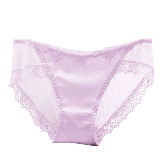 Satin Women's Mesh Transparent Lace Mid-Low Waist Traceless Cotton Panties - Flower Embroidery, M/L Sizes