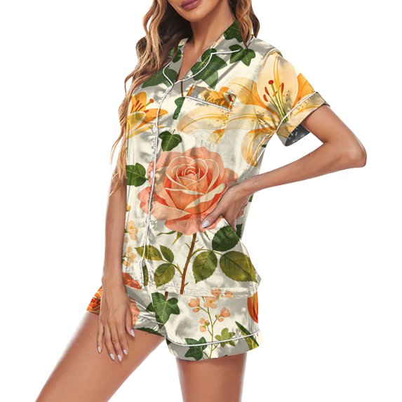 Satin Womens Shorts Pajama Set Button Short Sleeve Top Matching Bottoms Lightweight Comfortable Home Sleepwear