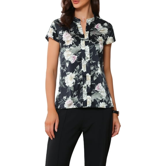 INSPIRE CHIC Valentine's Day Women's Satin Tops Vintage Floral Cap Sleeves Summer Work Business Shirt Blouses M Dark Blue