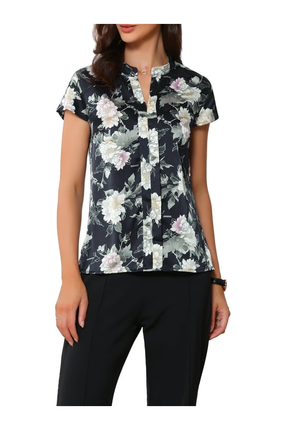 Valentine's Day Women's Satin Tops Vintage Floral Cap Sleeves Summer Work Business Shirt Blouses S Dark Blue