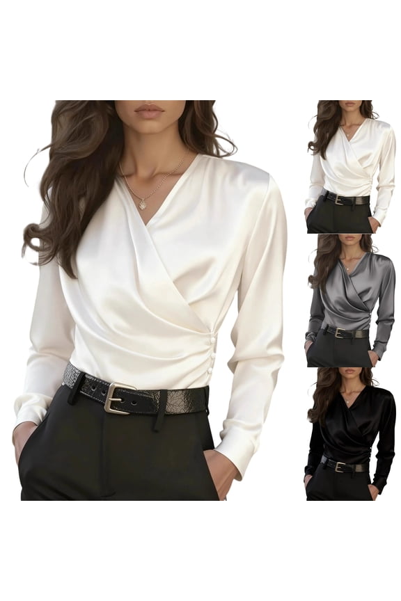 Satin Wrap Blouse for Women,V Neck Long Sleeve Work Office Top,Silky Drape Business Casual Shirt Casual Blouse Office Womens Tops Black XXL