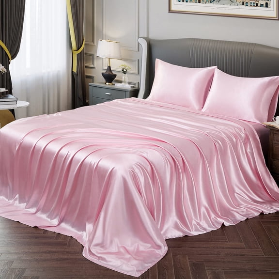 Satin sheets twin set, silky soft bed sheets with deep pocket fitted sheet, flat sheet, and pillowcases, luxurious satin bedding for year-round comfort, pink