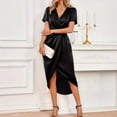 thumbnail image 1 of Satin short-sleeved wrap-style cross-neck dress, long and irregular design., 1 of 5