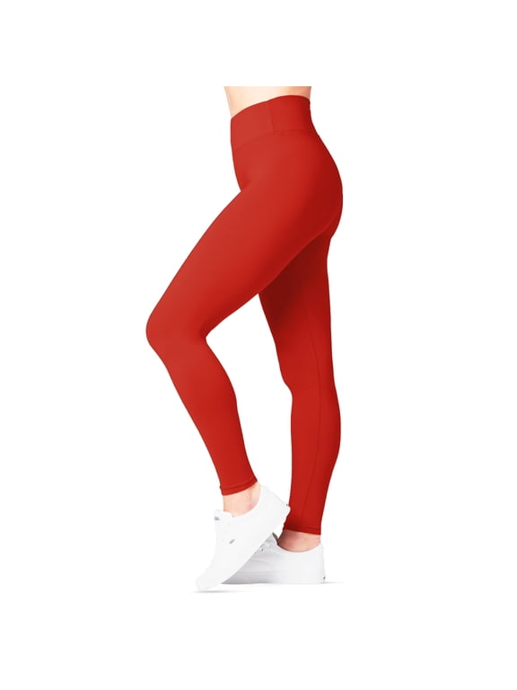 High Waisted Red Leggings for Women - Soft, Stretchy Leggings with Side Pockets - Full Length Yoga Pants for Women - Tummy Control and Buttery Soft Fabric for All-Day Comfort