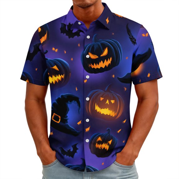 Satingcolo Adult Halloween Costumes Mens Polo Short Sleeve Button Down Shirt Funny Skull Pumpkin Ghost Golf Collar Clothes,Dark Purple 4XL